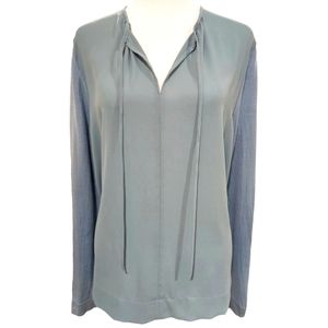 Luisa Cerano Slate Blue Virgin Wool Long Sleeve Top with Tie Neck - Size 10